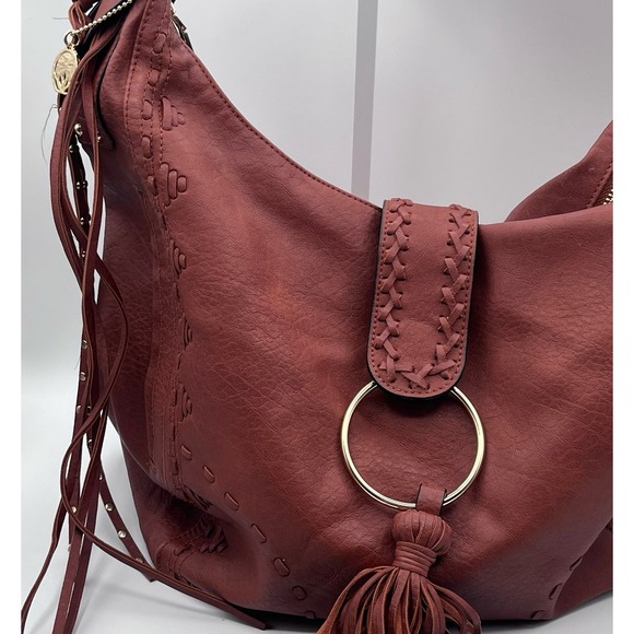 Big Buddha Faux Leather Hobo Bag Brown Boho Ring Tassel Braided Strap Large - Picture 2 of 9
